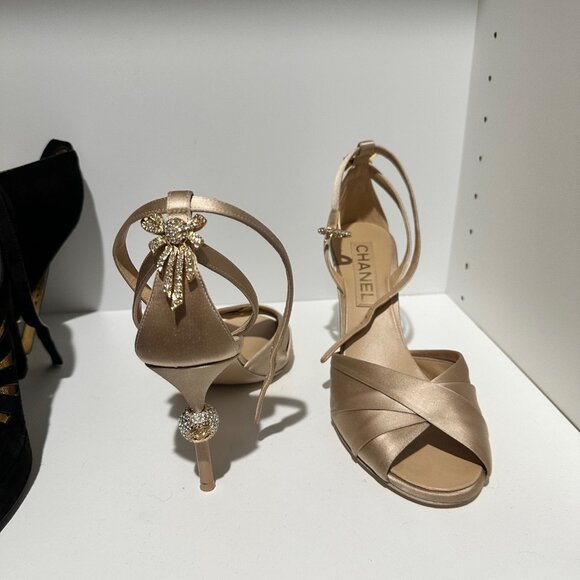 Chanel Gold and Crystal Bow Heels